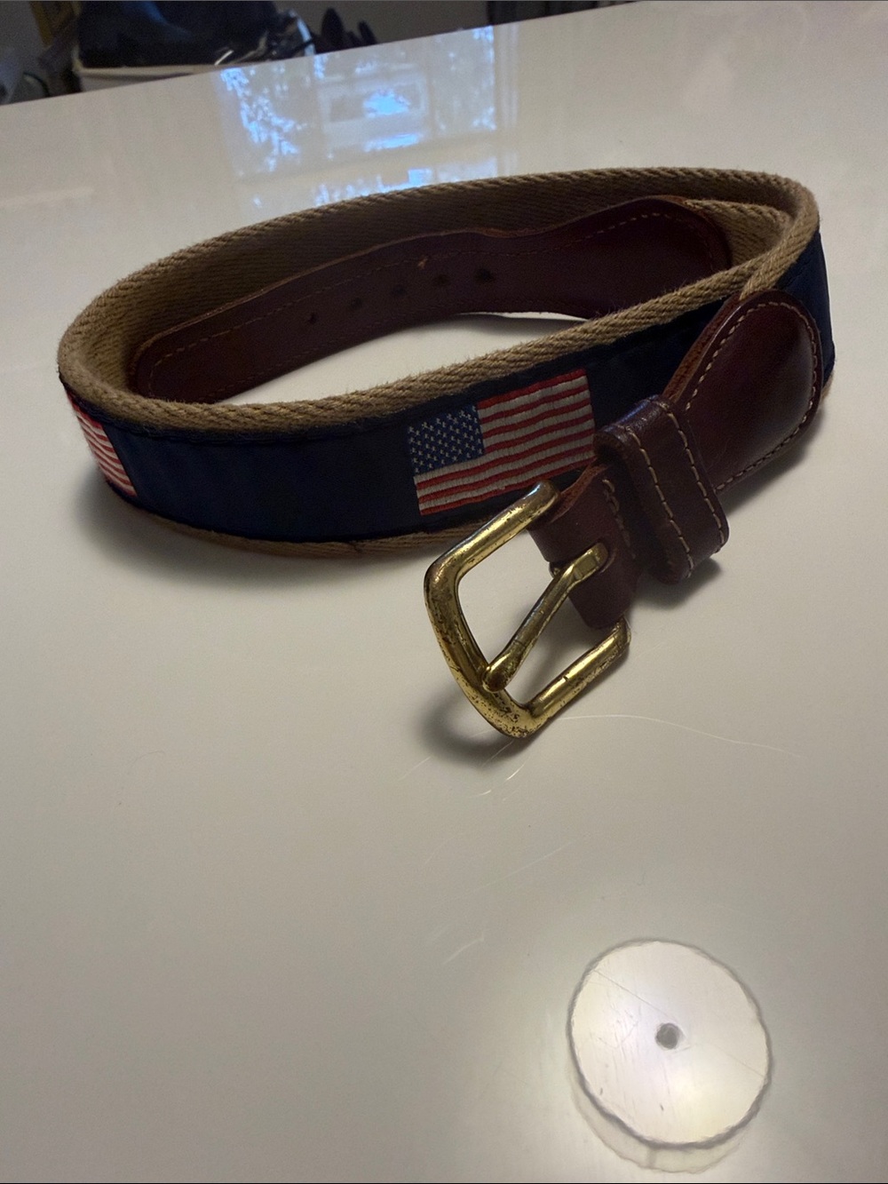 Boy’s Navy Canvas Belt with American Flag and Brown Leather Trim sz 22